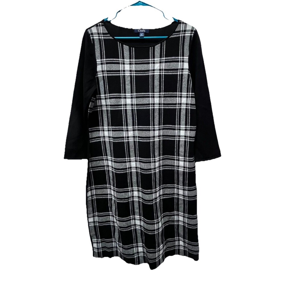 Chaps Women's 3/4 Sleeve Black & White Plaid Sheath Knee Length Dress Sz XL